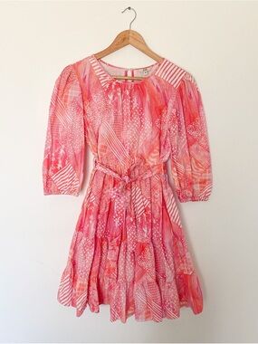AND Coral Pink Patterned Tiered Midi Dress with Tie Waist, 100% cotton